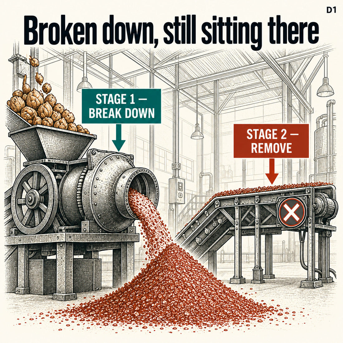 A processing hall where stage one grinds material down but the stage two exit conveyor has stopped