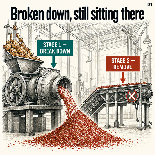 A processing hall where stage one grinds material down but the stage two exit conveyor has stopped