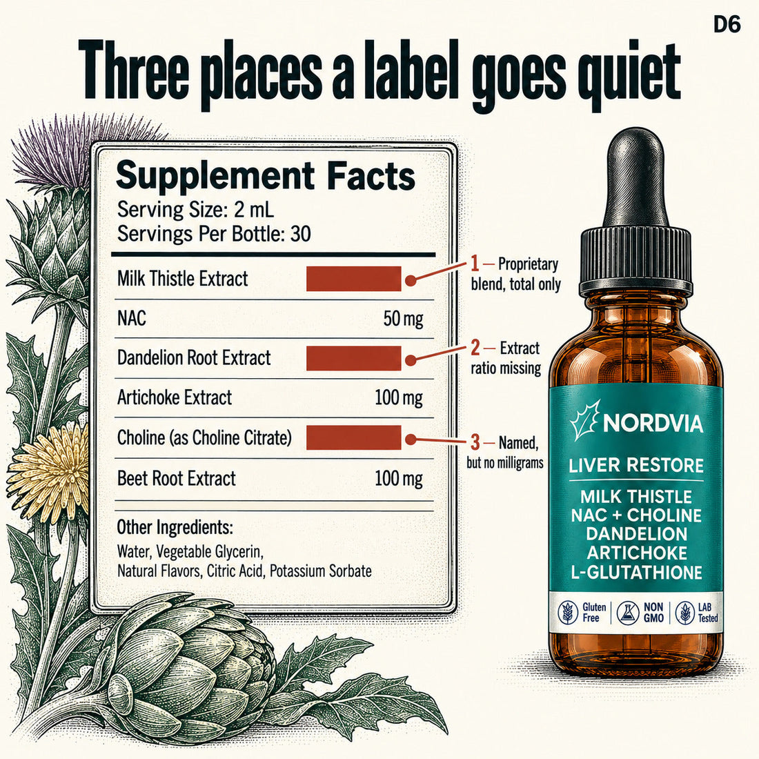 A supplement facts panel with three areas redacted: a proprietary blend, a missing extract ratio, and an ingredient with no milligrams