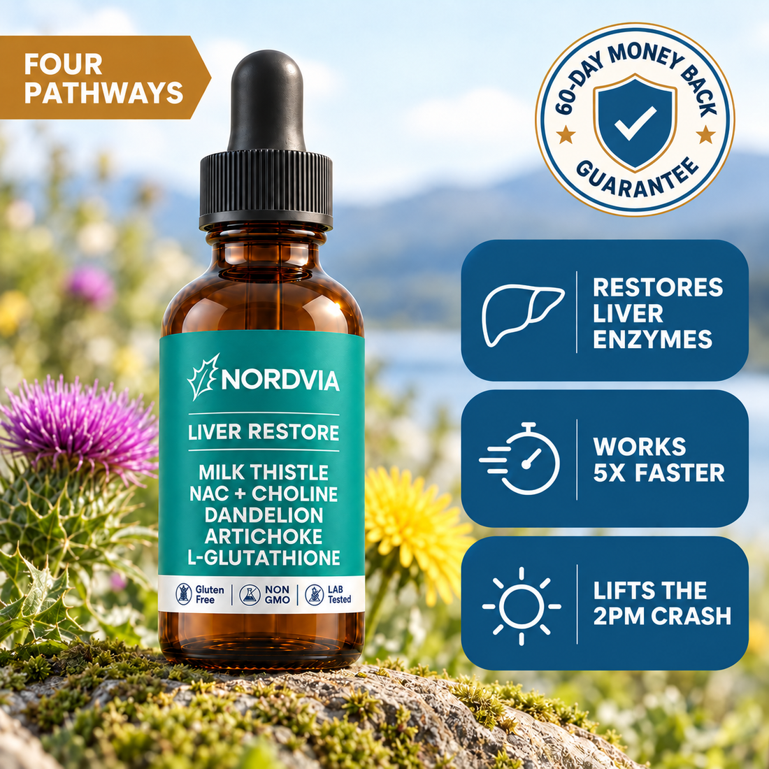 Nordvia Complete Liver Support - four pathways, 60-day money back guarantee